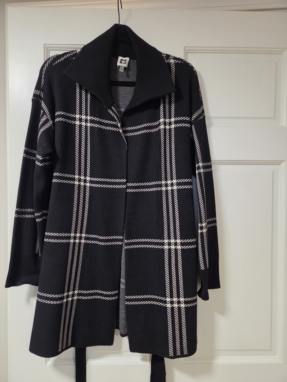 Anne Klein Black and White Plaid Open-Front Sweater Coat